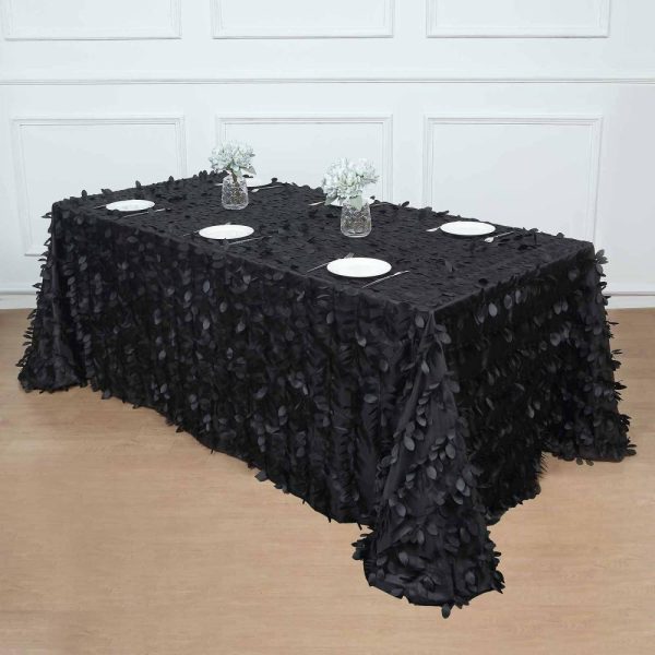 Rosette & Petals |  90″x132″ Black 3D Leaf Petal Taffeta Fabric Seamless Rectangle Tablecloth for 6 Foot Table With Floor-Length Drop