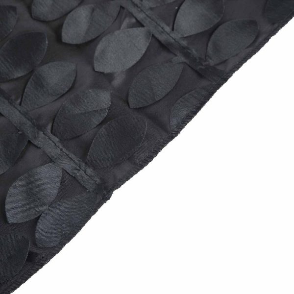 Rosette & Petals |  90″x132″ Black 3D Leaf Petal Taffeta Fabric Seamless Rectangle Tablecloth for 6 Foot Table With Floor-Length Drop