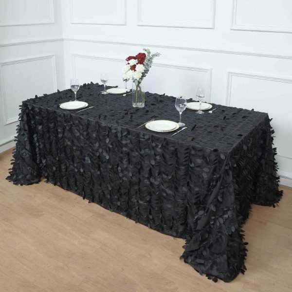 Rosette & Petals |  90″x132″ Black 3D Leaf Petal Taffeta Fabric Seamless Rectangle Tablecloth for 6 Foot Table With Floor-Length Drop