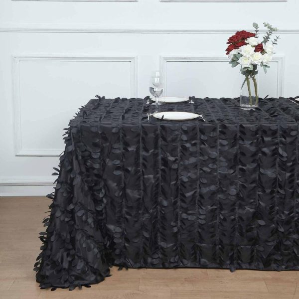 Rosette & Petals |  90″x132″ Black 3D Leaf Petal Taffeta Fabric Seamless Rectangle Tablecloth for 6 Foot Table With Floor-Length Drop