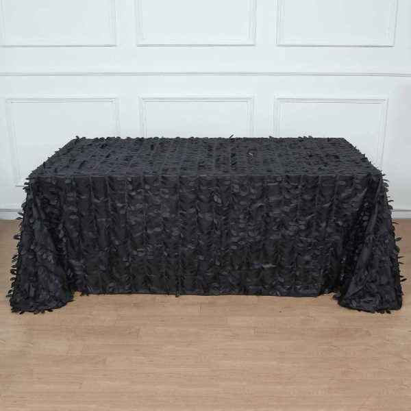 Rosette & Petals |  90″x132″ Black 3D Leaf Petal Taffeta Fabric Seamless Rectangle Tablecloth for 6 Foot Table With Floor-Length Drop