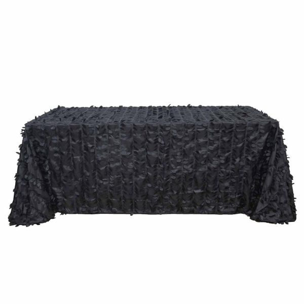 Rosette & Petals |  90″x132″ Black 3D Leaf Petal Taffeta Fabric Seamless Rectangle Tablecloth for 6 Foot Table With Floor-Length Drop