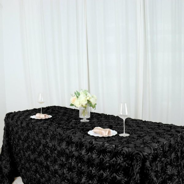 Rosette & Petals |  90″x132″ Black Seamless Grandiose 3D Rosette Satin Rectangle Tablecloth for 6 Foot Table With Floor-Length Drop