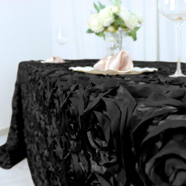 Rosette & Petals |  90″x132″ Black Seamless Grandiose 3D Rosette Satin Rectangle Tablecloth for 6 Foot Table With Floor-Length Drop