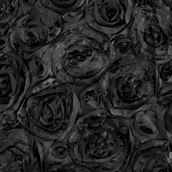 Rosette & Petals |  90″x132″ Black Seamless Grandiose 3D Rosette Satin Rectangle Tablecloth for 6 Foot Table With Floor-Length Drop