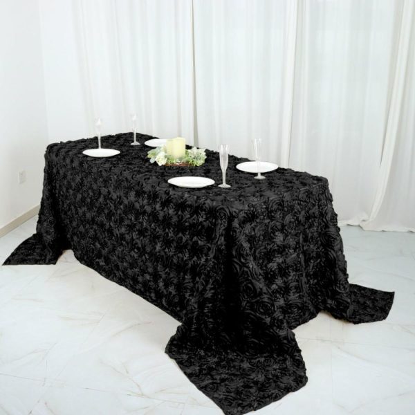 Rosette & Petals |  90″x132″ Black Seamless Grandiose 3D Rosette Satin Rectangle Tablecloth for 6 Foot Table With Floor-Length Drop