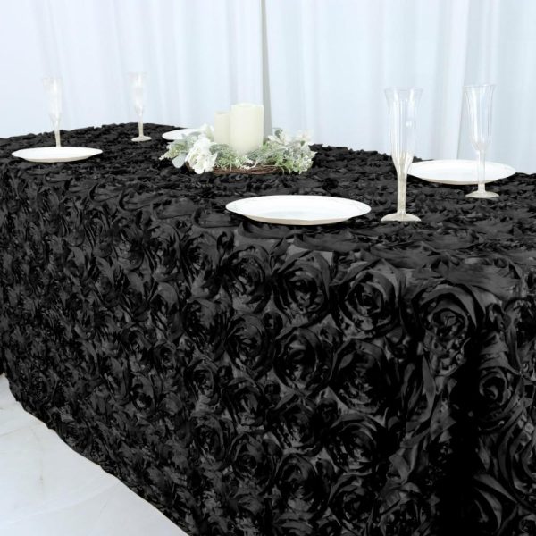 Rosette & Petals |  90″x132″ Black Seamless Grandiose 3D Rosette Satin Rectangle Tablecloth for 6 Foot Table With Floor-Length Drop