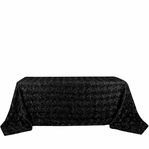 Rosette & Petals |  90″x132″ Black Seamless Grandiose 3D Rosette Satin Rectangle Tablecloth for 6 Foot Table With Floor-Length Drop