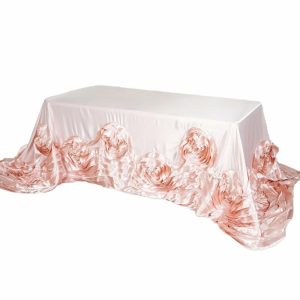 Rosette & Petals |  90″x132″ Blush Seamless Large Rosette Rectangular Lamour Satin Tablecloth for 6 Foot Table With Floor-Length Drop