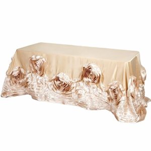 Rosette & Petals |  90″x132″ Champagne Seamless Large Rosette Rectangular Lamour Satin Tablecloth for 6 Foot Table With Floor-Length Drop