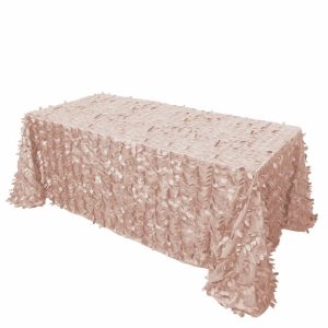 Rosette & Petals |  90″x132″ Dusty Rose 3D Leaf Petal Taffeta Fabric Seamless Rectangle Tablecloth for 6 Foot Table With Floor-Length Drop