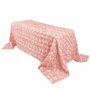 Rosette & Petals |  90″x132″ Dusty Rose Seamless Grandiose 3D Rosette Satin Rectangle Tablecloth for 6 Foot Table With Floor-Length Drop