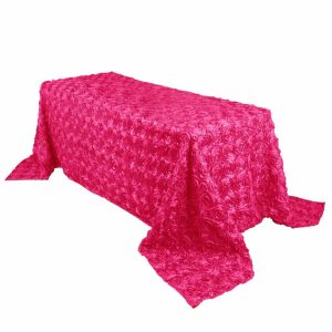 Rosette & Petals |  90″x132″ Fuchsia Seamless Grandiose 3D Rosette Satin Rectangle Tablecloth for 6 Foot Table With Floor-Length Drop