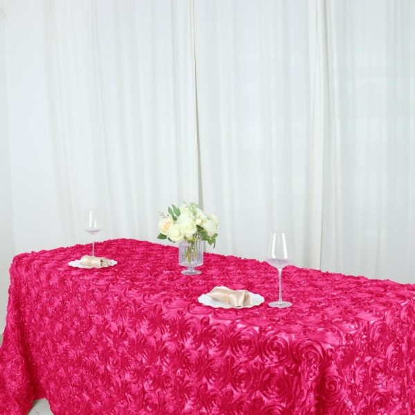 Rosette & Petals |  90″x132″ Fuchsia Seamless Grandiose 3D Rosette Satin Rectangle Tablecloth for 6 Foot Table With Floor-Length Drop