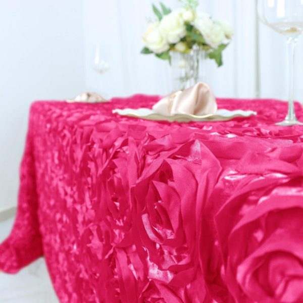 Rosette & Petals |  90″x132″ Fuchsia Seamless Grandiose 3D Rosette Satin Rectangle Tablecloth for 6 Foot Table With Floor-Length Drop