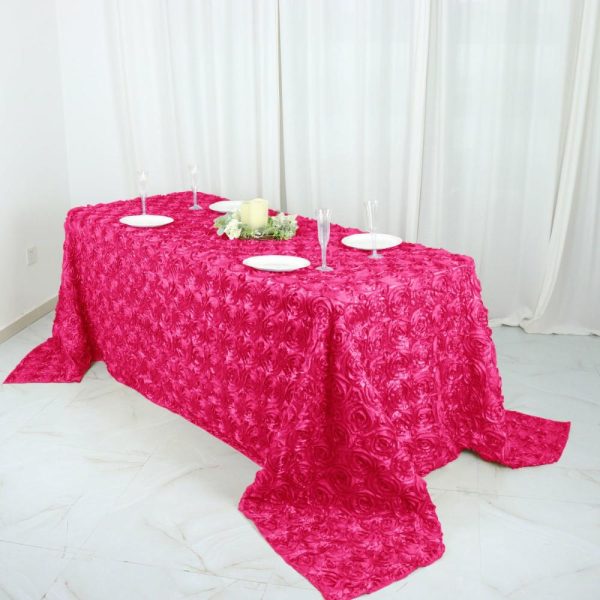 Rosette & Petals |  90″x132″ Fuchsia Seamless Grandiose 3D Rosette Satin Rectangle Tablecloth for 6 Foot Table With Floor-Length Drop