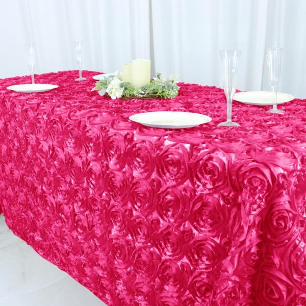 Rosette & Petals |  90″x132″ Fuchsia Seamless Grandiose 3D Rosette Satin Rectangle Tablecloth for 6 Foot Table With Floor-Length Drop