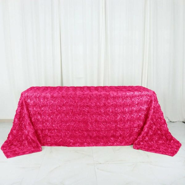 Rosette & Petals |  90″x132″ Fuchsia Seamless Grandiose 3D Rosette Satin Rectangle Tablecloth for 6 Foot Table With Floor-Length Drop