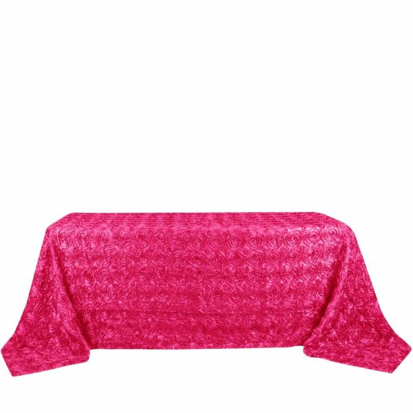 Rosette & Petals |  90″x132″ Fuchsia Seamless Grandiose 3D Rosette Satin Rectangle Tablecloth for 6 Foot Table With Floor-Length Drop