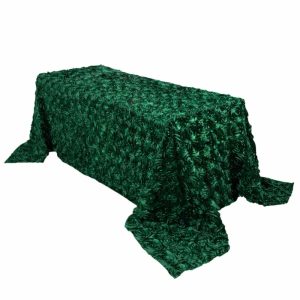 Rosette & Petals |  90″x132″ Hunter Emerald Green Seamless Grandiose 3D Rosette Satin Rectangle Tablecloth for 6 Foot Table With Floor-Length Drop