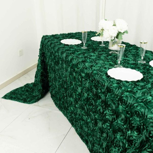 Rosette & Petals |  90″x132″ Hunter Emerald Green Seamless Grandiose 3D Rosette Satin Rectangle Tablecloth for 6 Foot Table With Floor-Length Drop