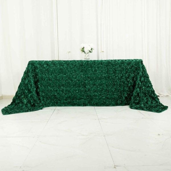 Rosette & Petals |  90″x132″ Hunter Emerald Green Seamless Grandiose 3D Rosette Satin Rectangle Tablecloth for 6 Foot Table With Floor-Length Drop