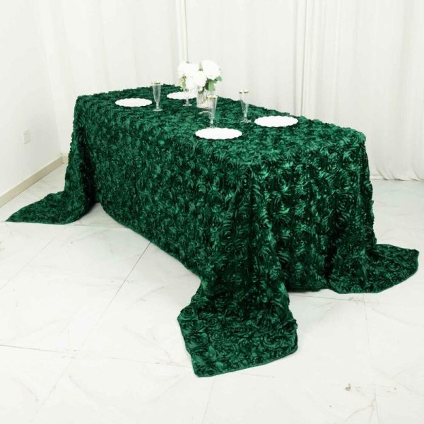 Rosette & Petals |  90″x132″ Hunter Emerald Green Seamless Grandiose 3D Rosette Satin Rectangle Tablecloth for 6 Foot Table With Floor-Length Drop