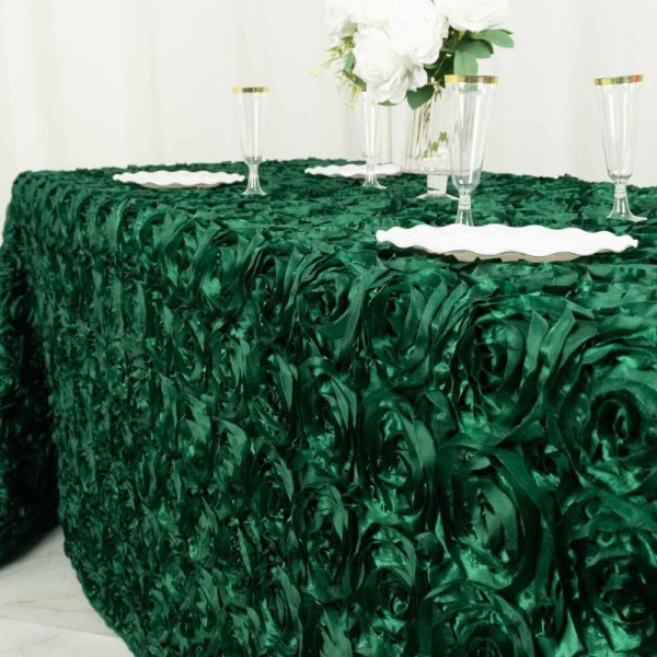 Rosette & Petals |  90″x132″ Hunter Emerald Green Seamless Grandiose 3D Rosette Satin Rectangle Tablecloth for 6 Foot Table With Floor-Length Drop