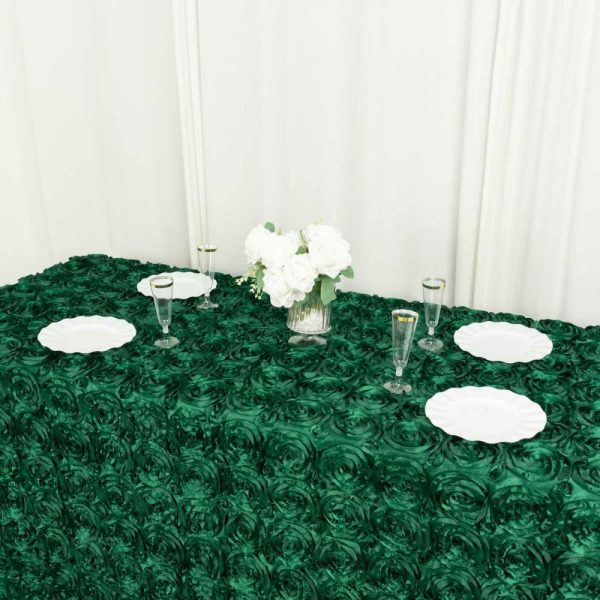 Rosette & Petals |  90″x132″ Hunter Emerald Green Seamless Grandiose 3D Rosette Satin Rectangle Tablecloth for 6 Foot Table With Floor-Length Drop