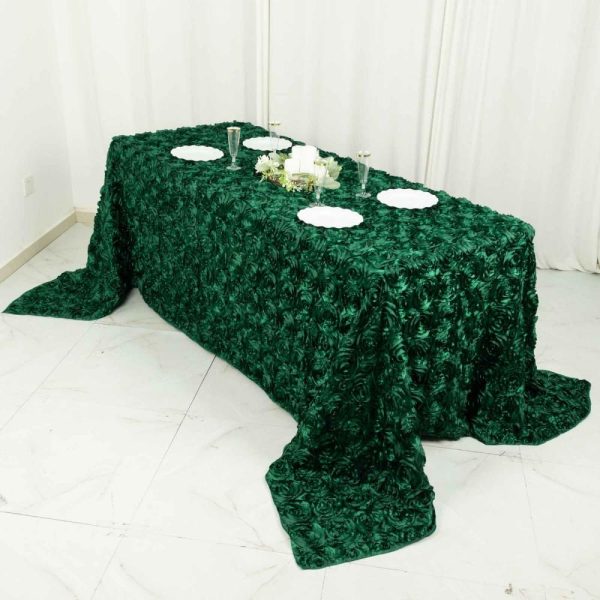 Rosette & Petals |  90″x132″ Hunter Emerald Green Seamless Grandiose 3D Rosette Satin Rectangle Tablecloth for 6 Foot Table With Floor-Length Drop