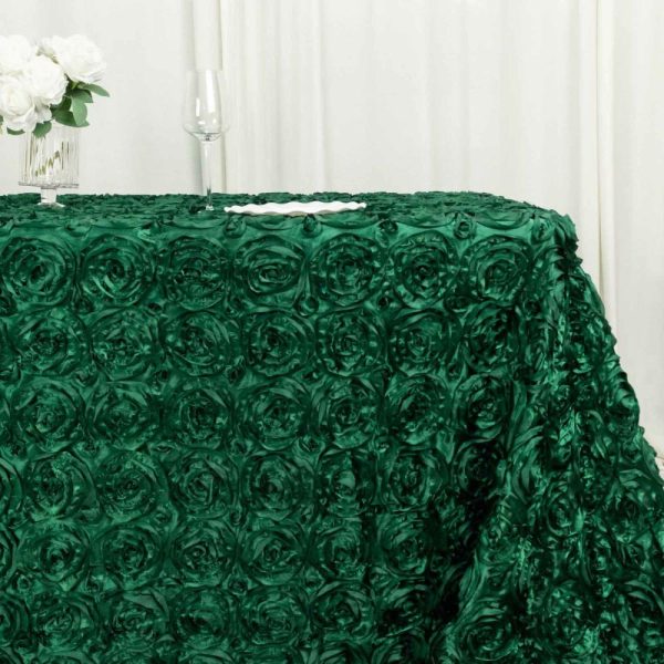 Rosette & Petals |  90″x132″ Hunter Emerald Green Seamless Grandiose 3D Rosette Satin Rectangle Tablecloth for 6 Foot Table With Floor-Length Drop