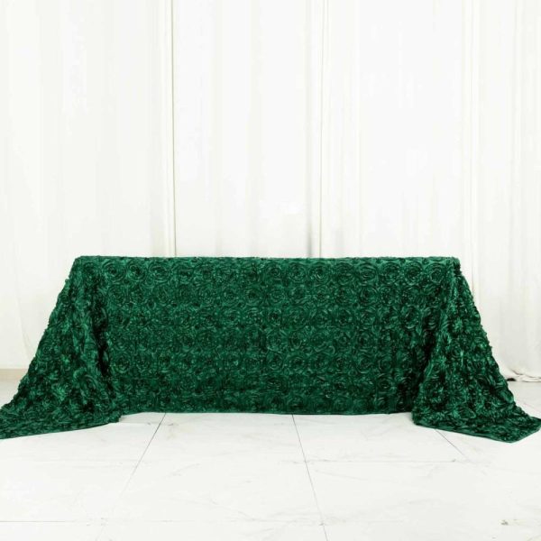 Rosette & Petals |  90″x132″ Hunter Emerald Green Seamless Grandiose 3D Rosette Satin Rectangle Tablecloth for 6 Foot Table With Floor-Length Drop