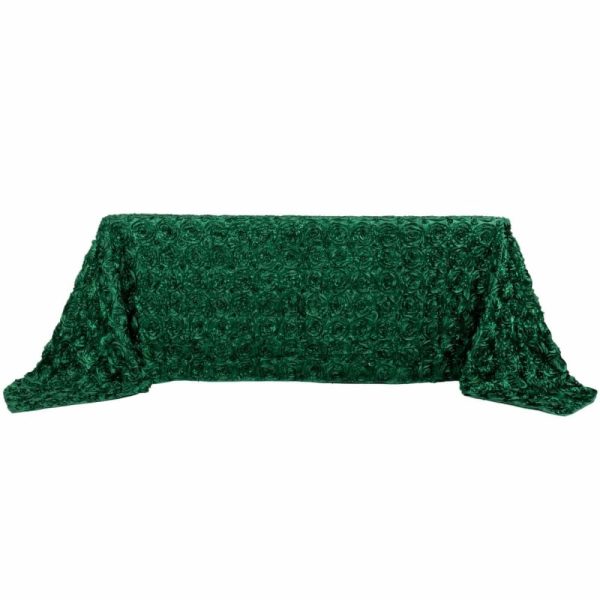 Rosette & Petals |  90″x132″ Hunter Emerald Green Seamless Grandiose 3D Rosette Satin Rectangle Tablecloth for 6 Foot Table With Floor-Length Drop