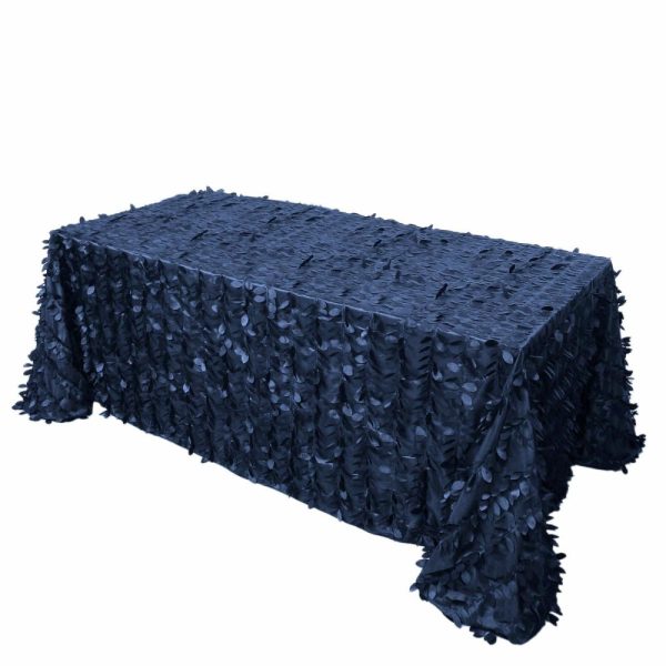 Rosette & Petals |  90″x132″ Navy Blue 3D Leaf Petal Taffeta Fabric Seamless Rectangle Tablecloth for 6 Foot Table With Floor-Length Drop