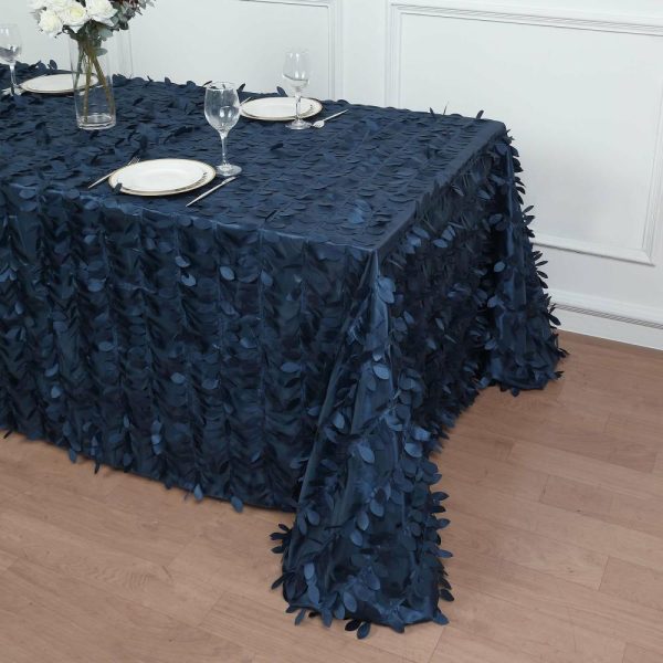 Rosette & Petals |  90″x132″ Navy Blue 3D Leaf Petal Taffeta Fabric Seamless Rectangle Tablecloth for 6 Foot Table With Floor-Length Drop