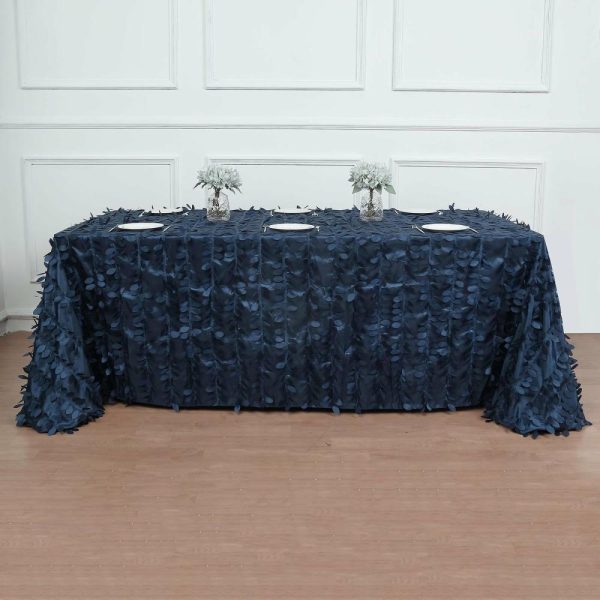 Rosette & Petals |  90″x132″ Navy Blue 3D Leaf Petal Taffeta Fabric Seamless Rectangle Tablecloth for 6 Foot Table With Floor-Length Drop