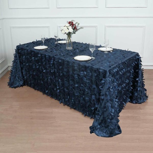 Rosette & Petals |  90″x132″ Navy Blue 3D Leaf Petal Taffeta Fabric Seamless Rectangle Tablecloth for 6 Foot Table With Floor-Length Drop