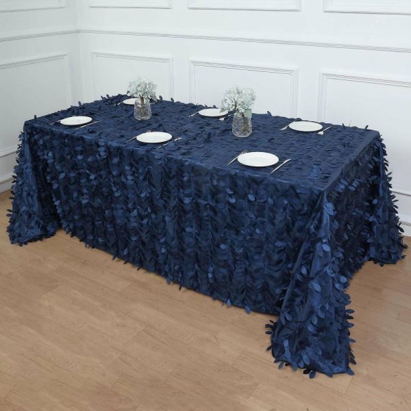 Rosette & Petals |  90″x132″ Navy Blue 3D Leaf Petal Taffeta Fabric Seamless Rectangle Tablecloth for 6 Foot Table With Floor-Length Drop