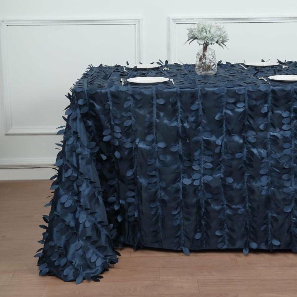 Rosette & Petals |  90″x132″ Navy Blue 3D Leaf Petal Taffeta Fabric Seamless Rectangle Tablecloth for 6 Foot Table With Floor-Length Drop