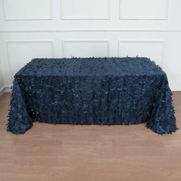 Rosette & Petals |  90″x132″ Navy Blue 3D Leaf Petal Taffeta Fabric Seamless Rectangle Tablecloth for 6 Foot Table With Floor-Length Drop