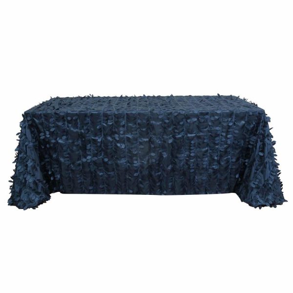 Rosette & Petals |  90″x132″ Navy Blue 3D Leaf Petal Taffeta Fabric Seamless Rectangle Tablecloth for 6 Foot Table With Floor-Length Drop