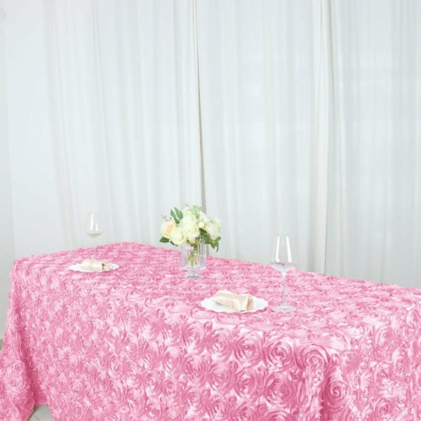 Rosette & Petals |  90″x132″ Pink Seamless Grandiose 3D Rosette Satin Rectangle Tablecloth for 6 Foot Table With Floor-Length Drop