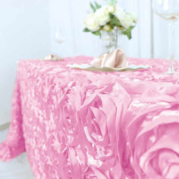 Rosette & Petals |  90″x132″ Pink Seamless Grandiose 3D Rosette Satin Rectangle Tablecloth for 6 Foot Table With Floor-Length Drop