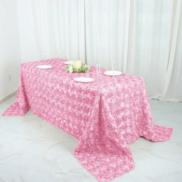 Rosette & Petals |  90″x132″ Pink Seamless Grandiose 3D Rosette Satin Rectangle Tablecloth for 6 Foot Table With Floor-Length Drop