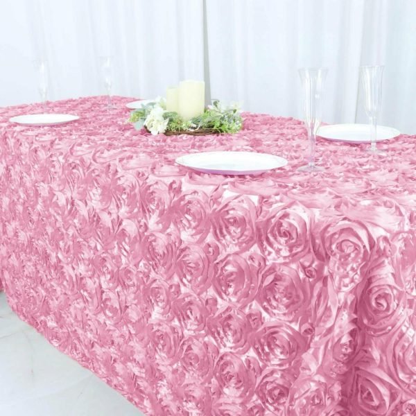 Rosette & Petals |  90″x132″ Pink Seamless Grandiose 3D Rosette Satin Rectangle Tablecloth for 6 Foot Table With Floor-Length Drop