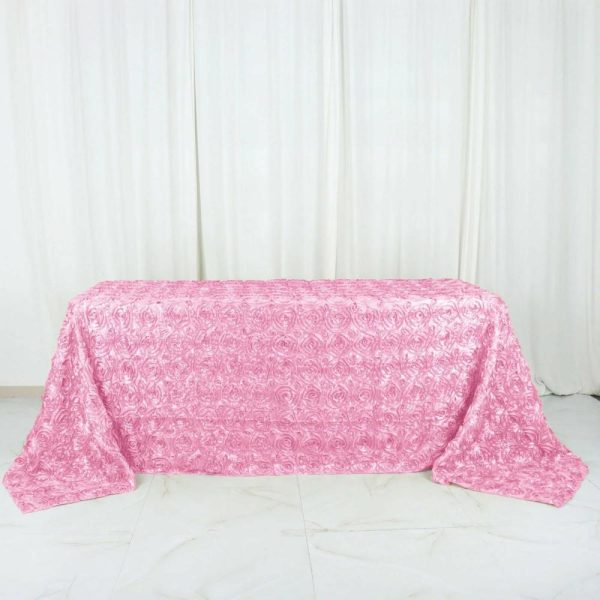 Rosette & Petals |  90″x132″ Pink Seamless Grandiose 3D Rosette Satin Rectangle Tablecloth for 6 Foot Table With Floor-Length Drop