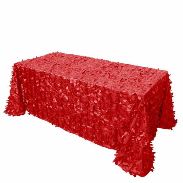 Rosette & Petals |  90″x132″ Red 3D Leaf Petal Taffeta Fabric Seamless Rectangle Tablecloth for 6 Foot Table With Floor-Length Drop