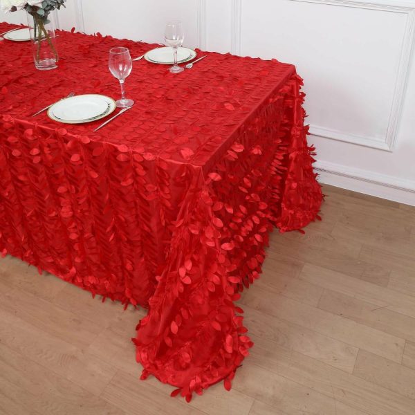 Rosette & Petals |  90″x132″ Red 3D Leaf Petal Taffeta Fabric Seamless Rectangle Tablecloth for 6 Foot Table With Floor-Length Drop