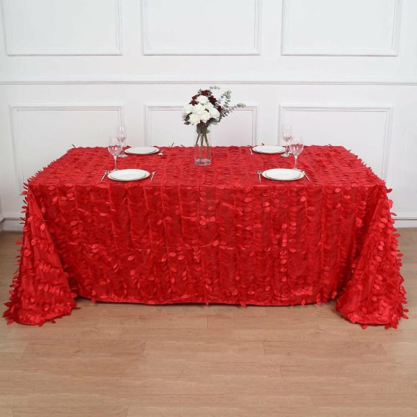 Rosette & Petals |  90″x132″ Red 3D Leaf Petal Taffeta Fabric Seamless Rectangle Tablecloth for 6 Foot Table With Floor-Length Drop