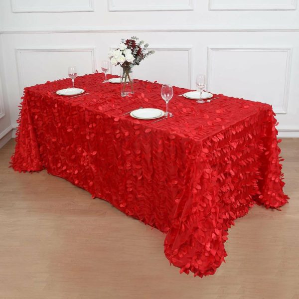 Rosette & Petals |  90″x132″ Red 3D Leaf Petal Taffeta Fabric Seamless Rectangle Tablecloth for 6 Foot Table With Floor-Length Drop